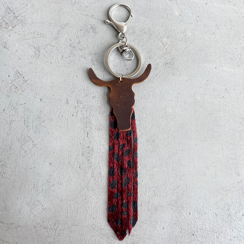 Wholesale 3pcs/pack Leather Bull Head Tricolor Leopard Tassel Keychain
